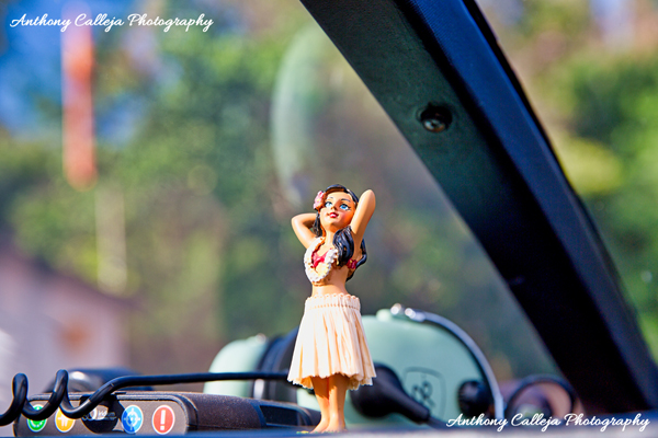 On board the helicopter with a little Hula Girl Doll