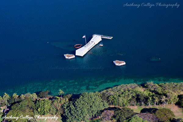 Aerial photo of USS Arizona Memorial at Pearl Harbour