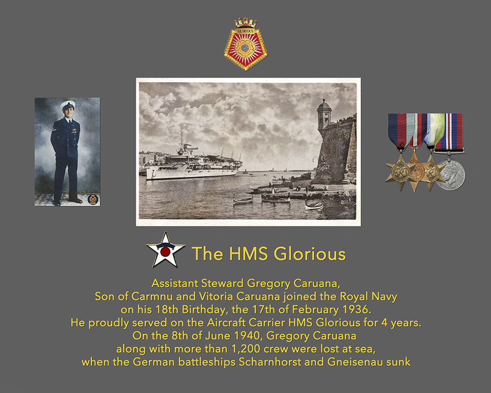 Tribute to Gregory Caruana who served on the HMS Glorious and was lost at sea on the 8th of June 1940 at the sinking of the HMS Glorious