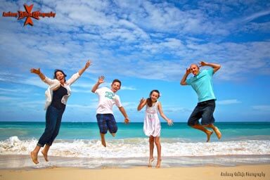 HDR photography, Beach Family Portrait, (Jump Shot), Waimanalo Beach, Oahu, Hawaii HDR Portrait Photography