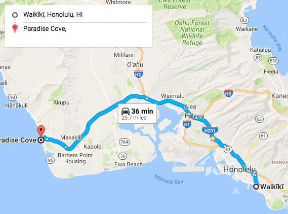 Map of from Waikiki to Paradise Cove Beach