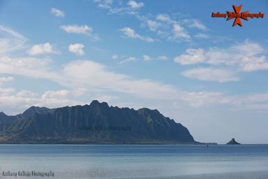 Koolau Mountain Range and Chinaman's hat photographed from East Oahu, Hawaii