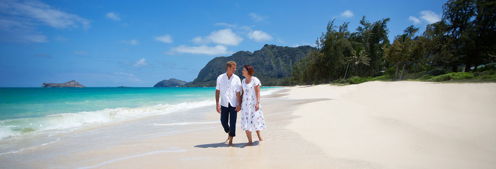 Waimanalo Beach Portrait - Anniversary Couple walking on the Beach Honding Hands Oahu, Hawaii